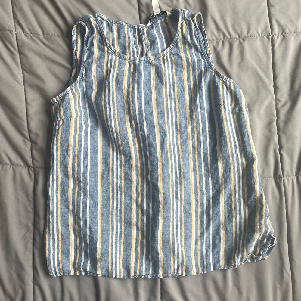 Ellen Tracy Women’s Large Striped Sleeveless Linen Top - Blue and Yellow